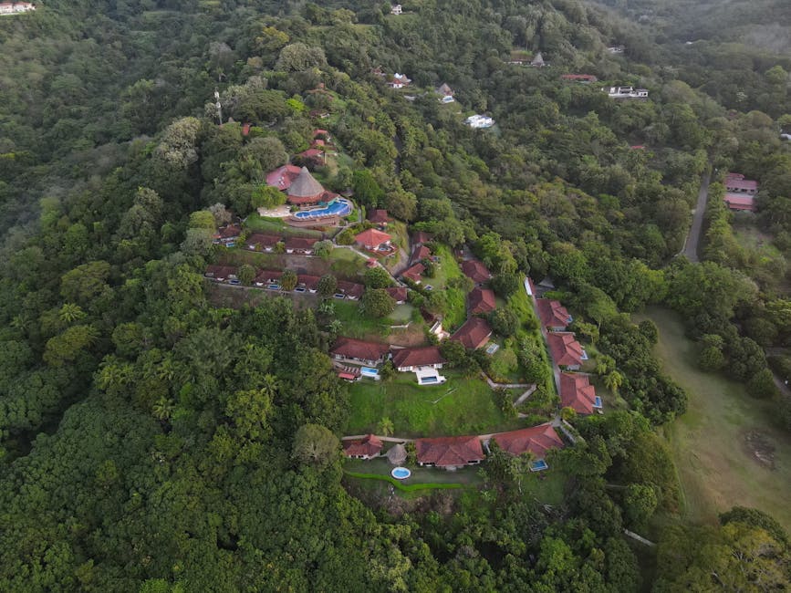 Aerial view of an eco resort in tropical forest with red-roofed villas