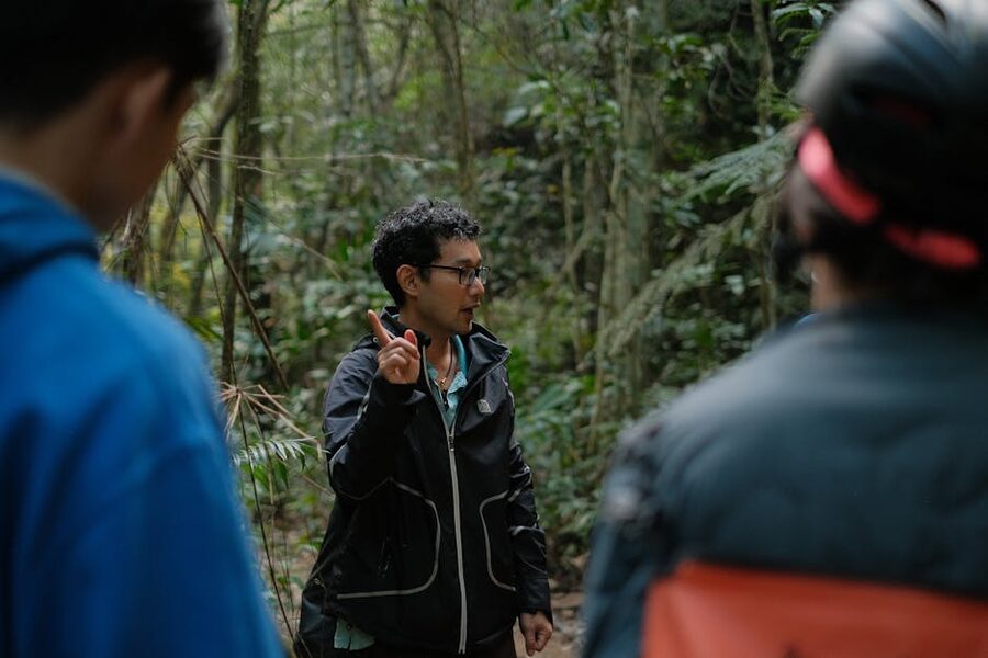 Tour guide leading a small group on a nature walk in dense forest