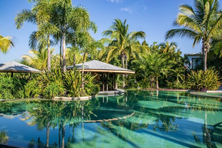 Tropical resort pool surrounded by palm trees