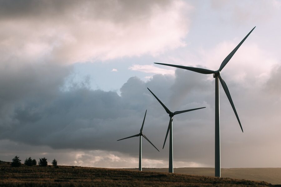 Row of wind turbines in green field at sunset