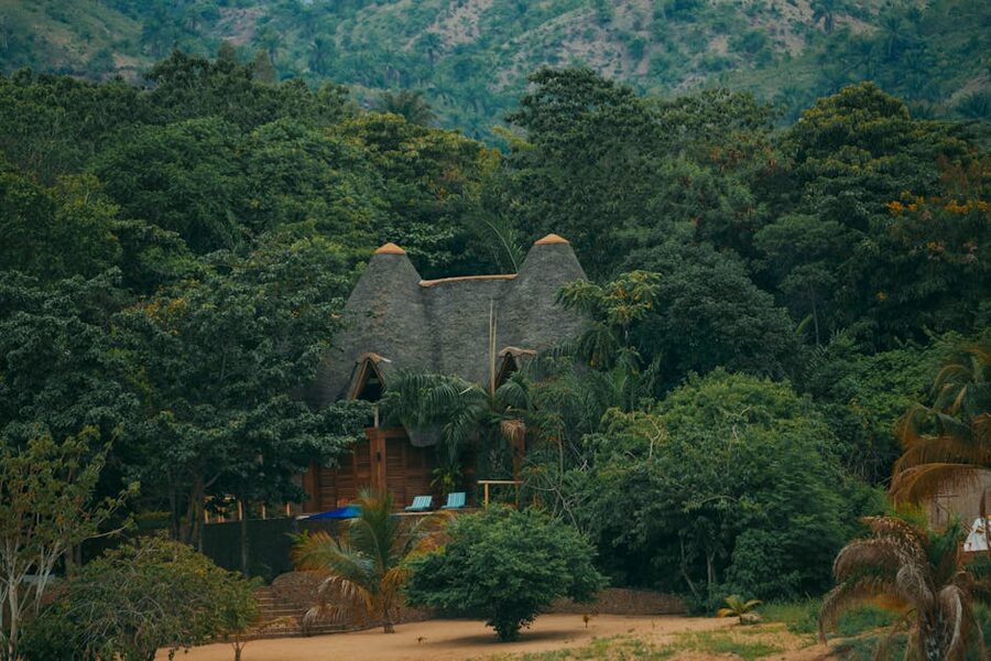 A rustic thatched-roof lodge surrounded by tropical forest, the design vernacular of small community-run properties
