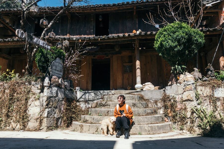 The entrance of a rustic wooden homestay