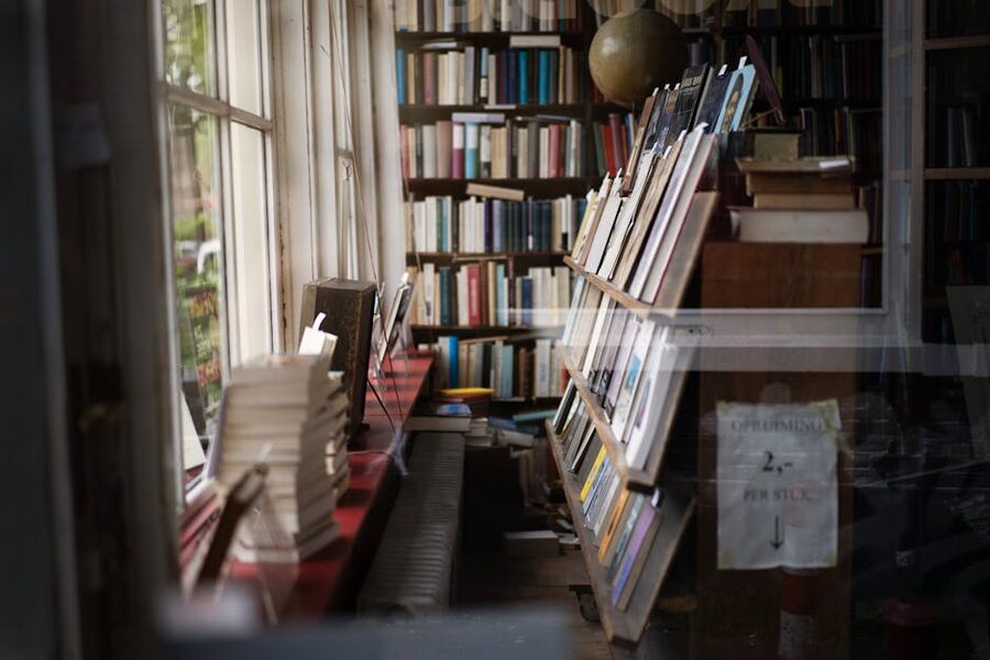 A quiet Amsterdam bookstore interior with cozy shelves filled with books and natural light