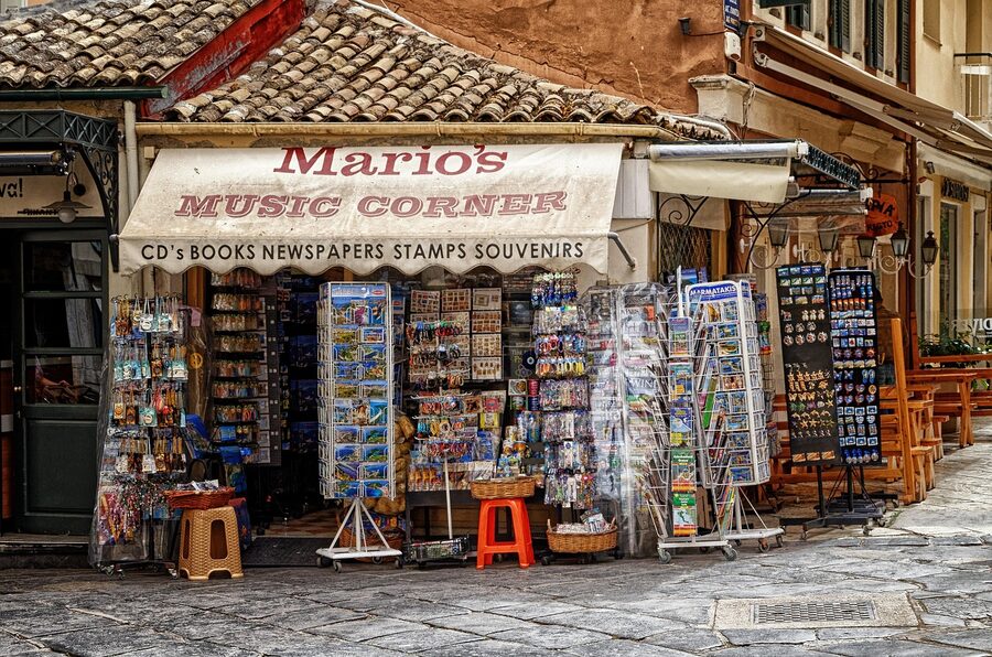 An old bookshop on a quiet street, exterior view