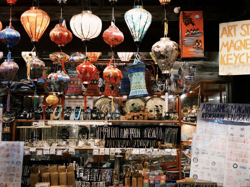 Asian market stall with hanging lanterns and crafts