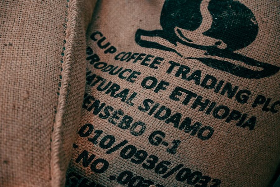 Ethiopian coffee in a burlap sack with logo
