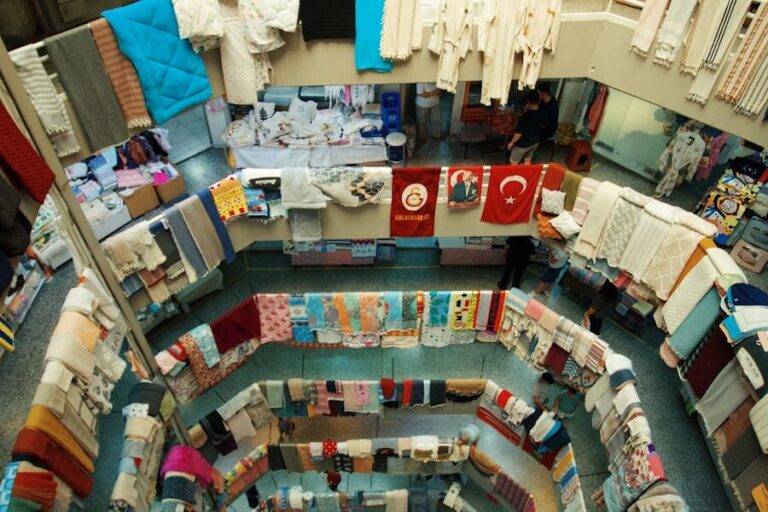 Turkish textile market in Denizli with colorful fabrics