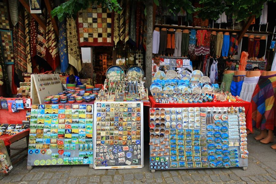 Colorful Turkish souvenirs and textiles at outdoor stall