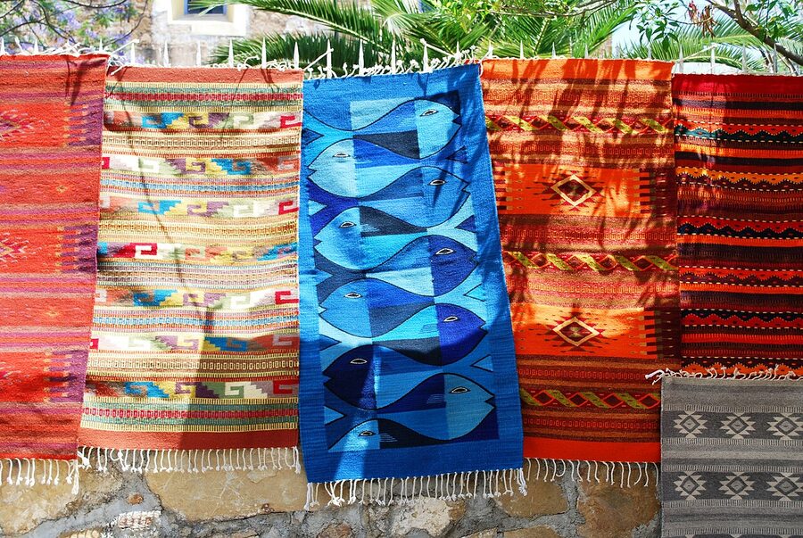 Handwoven rugs at the weekly market in Zaachila Oaxaca
