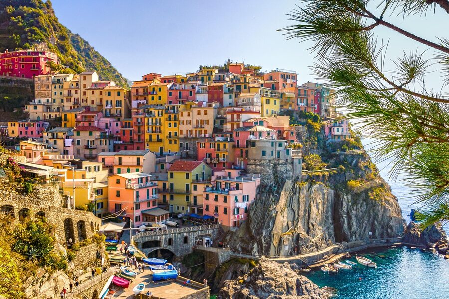 Stone houses on the cliffs above the sea in the Cinque Terre, Italy